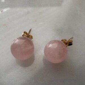 14K gold, polished rose quartz round stud earrings